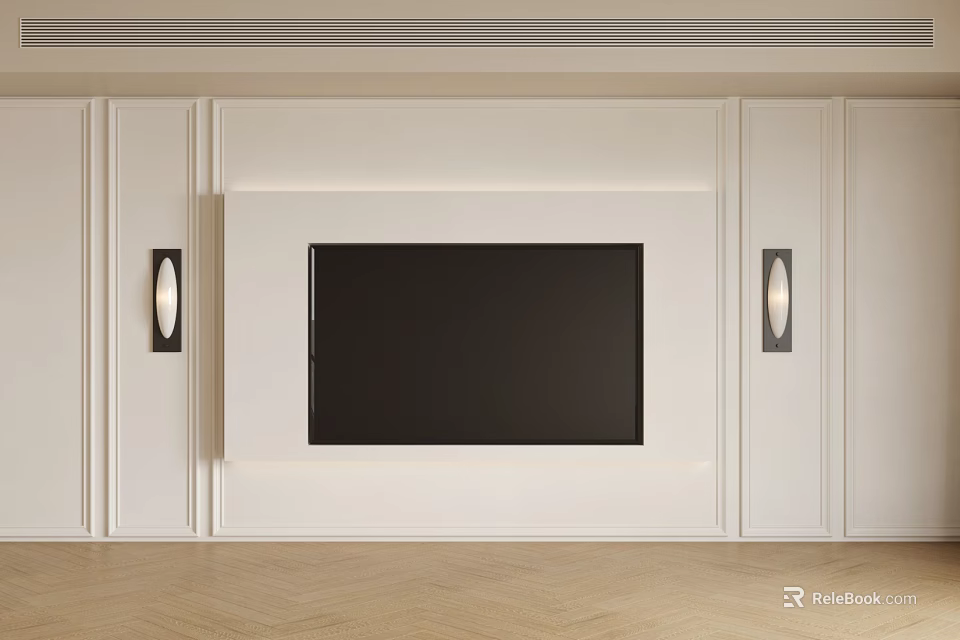 Modern White Living Room Background Wall With TV Screen Wall Sconces And Herringbone Wooden Floor 3d model 