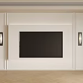 Modern White Living Room Background Wall With TV Screen Wall Sconces And Herringbone Wooden Floor
