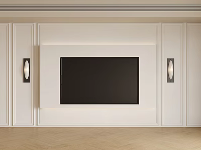 Modern White Living Room Background Wall With TV Screen Wall Sconces And Herringbone Wooden Floor 3d model