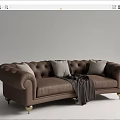 Brown Leather Multi-seater Sofa With Button Tufted Design Gold Legs And Throw Blanket 3d model