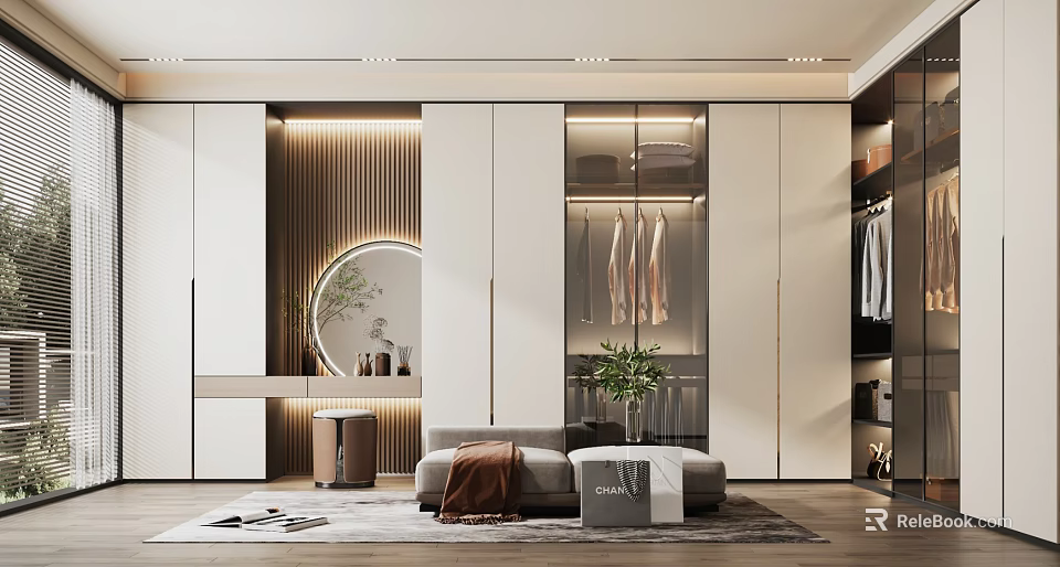 Modern Luxury Walk in Closet Open Design With White Cabinets Round Mirror And Green Plant 3d model 
