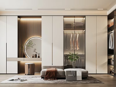 Modern Luxury Walk in Closet Open Design With White Cabinets Round Mirror And Green Plant 3d model