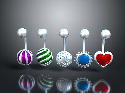 Five Different Colorful Body Piercing Jewelry with Heart Sun and Striped Designs 3d model