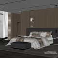 Modern Bedroom Interior With Dark Headboard Black Ottoman And Large Window Curtains
