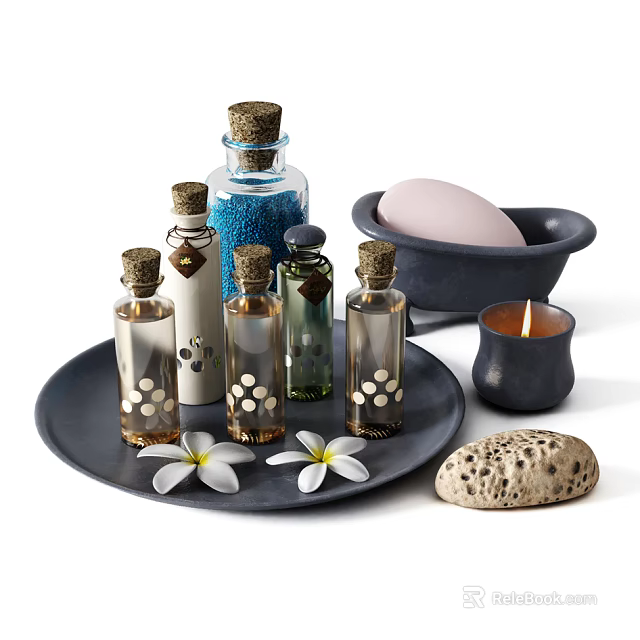 Stylish Bathroom Accessories with Essential Oil Bottles Candle Flowers and Stone 3d model 