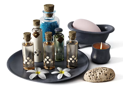 Stylish Bathroom Accessories with Essential Oil Bottles Candle Flowers and Stone 3d model
