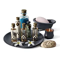 Stylish Bathroom Accessories with Essential Oil Bottles Candle Flowers and Stone