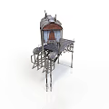 Vintage Industrial Metal Equipment Structure With Roof Platform And Supporting Legs