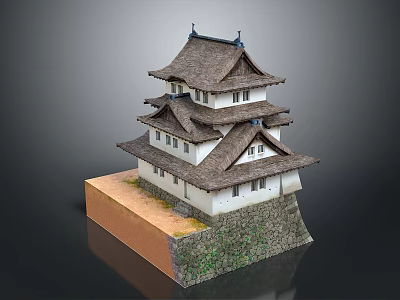 Traditional Japanese Castle Model With Multi Tiered Roof And Stone Base 3d model