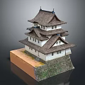 Traditional Japanese Castle Model With Multi Tiered Roof And Stone Base