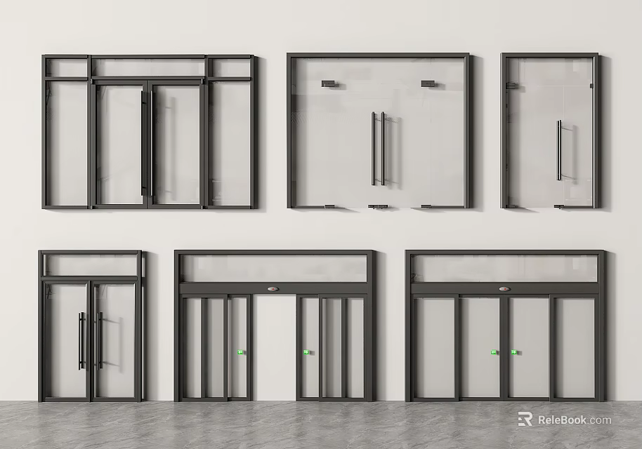 Various Modern Double Doors with Glass Panels and Metal Frame Designs 3d model 