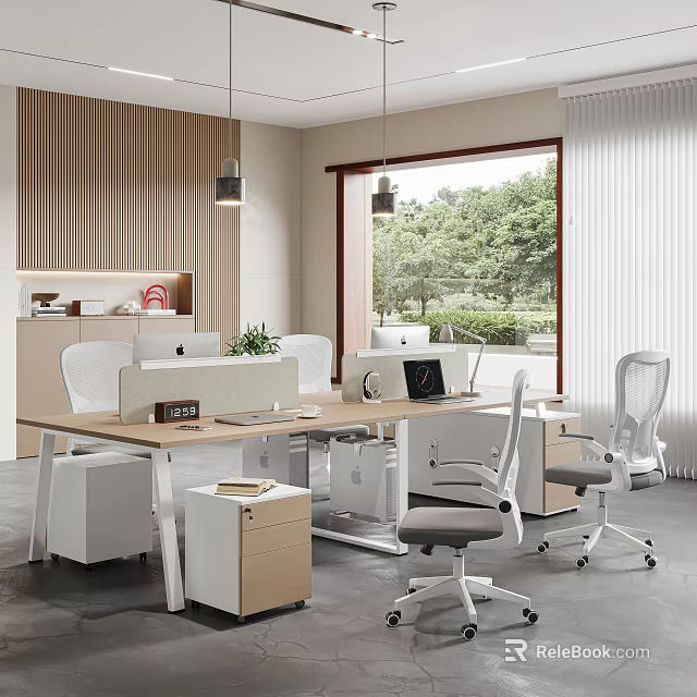 Modern Office Desk Workspace With Ergonomic Chair Computer File Cabinet Green Plant And Window View 3d model 