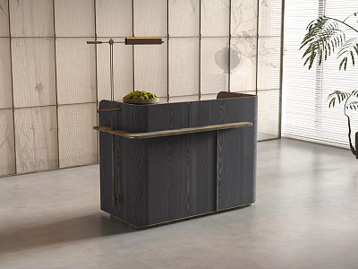 Minimalist Reception Desk With Dark Wood Surface Metal Frame And Green Plant In Natural Light 3d model