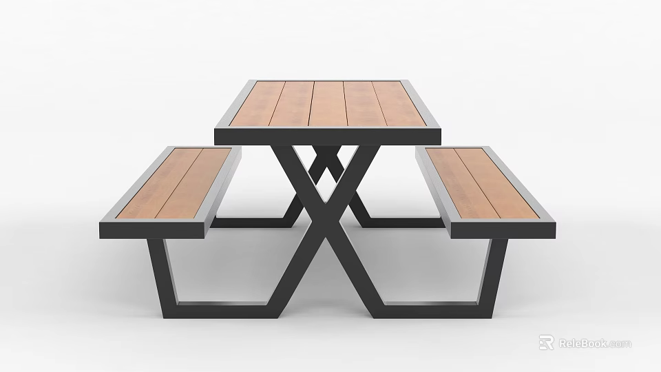 Modern Tea Table And Benches Set With Wooden Tabletop And Black Metal Frame Design 3d model 