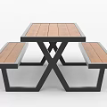 Modern Tea Table And Benches Set With Wooden Tabletop And Black Metal Frame Design