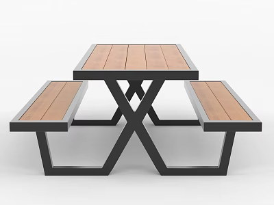 Modern Tea Table And Benches Set With Wooden Tabletop And Black Metal Frame Design 3d model