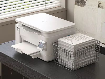 White Multifunction Office Printer on Black Desk with Metal Basket and Documents 3d model