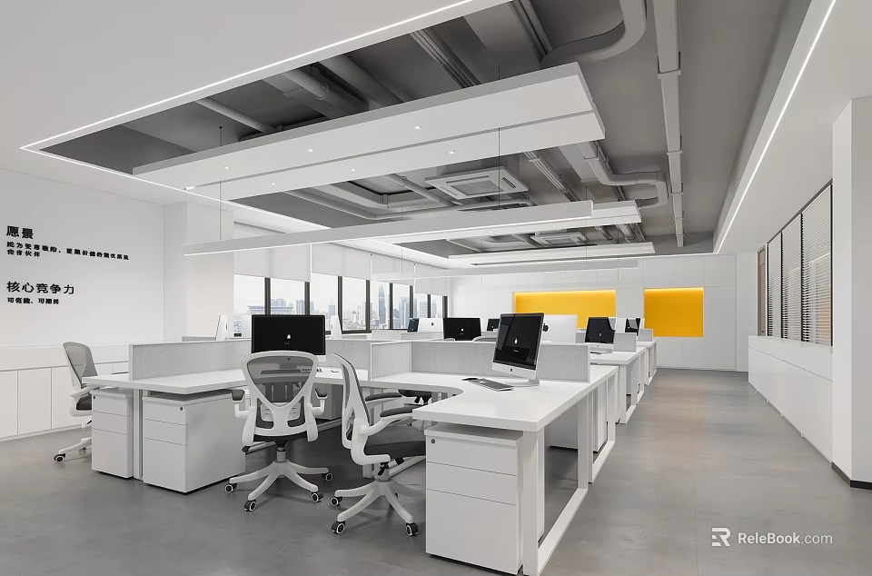 Modern Public Office Space with Open Layout White Desks Office Chairs and Yellow Accent Walls 3d model 