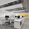 Modern Public Office Space with Open Layout White Desks Office Chairs and Yellow Accent Walls