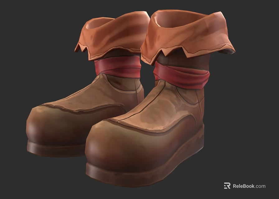 Brown Leather Boots With Folded Ankle Cuffs And Red Straps Design 3d model