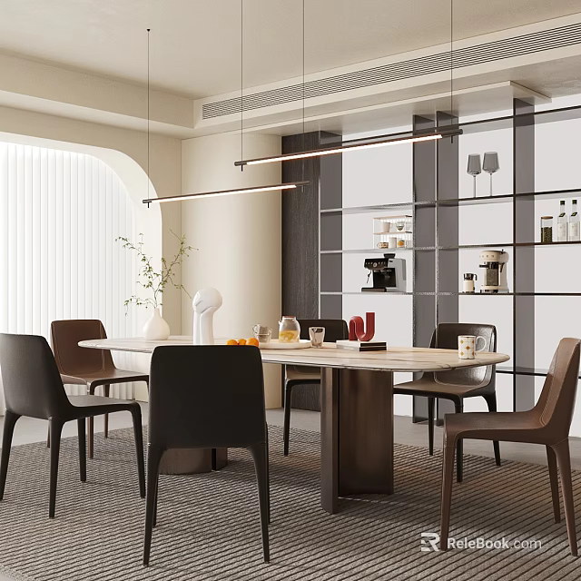 Modern Restaurant Interior With Dining Table Chairs Pendant Lights And Minimalist Decor 3d model 