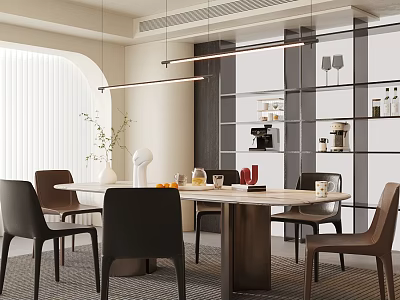 Modern Restaurant Interior With Dining Table Chairs Pendant Lights And Minimalist Decor 3d model