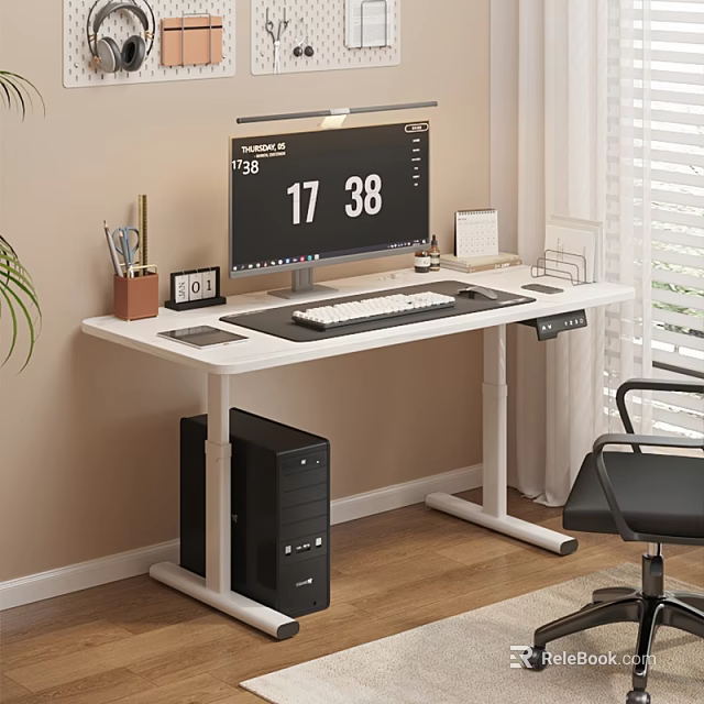 Modern Office Desk with Table Lamp Monitor Keyboard Mouse Pad Pens Photo Frame and Chair 3d model 
