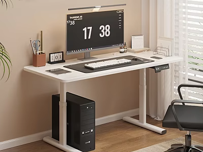 Modern Office Desk with Table Lamp Monitor Keyboard Mouse Pad Pens Photo Frame and Chair 3d model