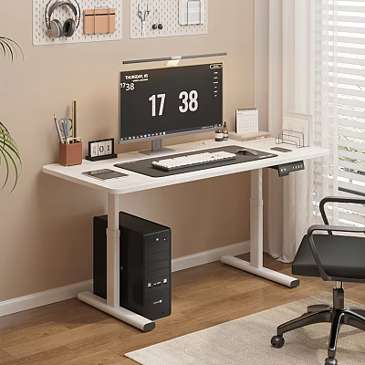 Modern Office Desk with Table Lamp Monitor Keyboard Mouse Pad Pens Photo Frame and Chair 3d model