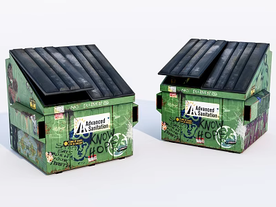 Public Facilities Green Trash Bins With Graffiti And Advertisement Stickers On Black Roofs 3d model