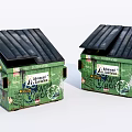 Public Facilities Green Trash Bins With Graffiti And Advertisement Stickers On Black Roofs