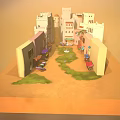 Cartoon Village Alley Scene With Colorful Buildings Market Stalls And Stone Path