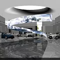 Modern Car Showroom Interior Featuring Spiral Snow Mountain Installation And Central Display Cars