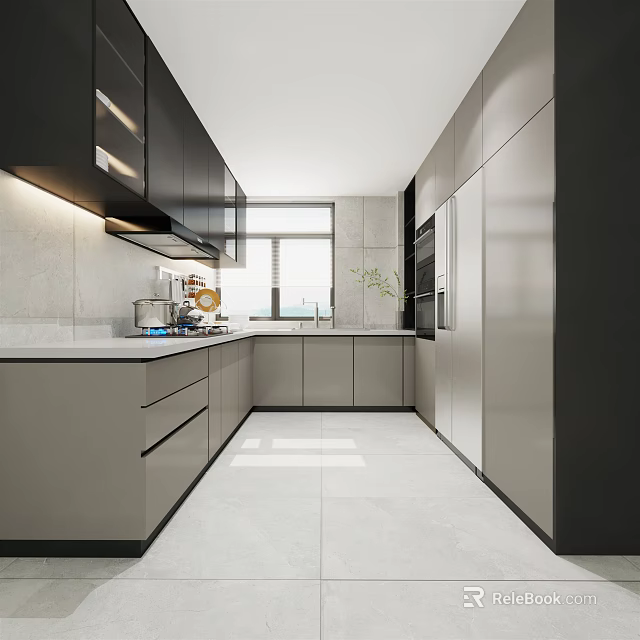 Modern Kitchen Interior Design With Gray Black Cabinets And Appliances 3d model