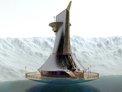 Innovative Futuristic Architecture with Metallic Curved Structure and Observation Deck Over Waterfront Mountain Backdrop 3d model