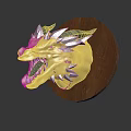 Yellow Dragon Head Sculpture With Circular Wooden Base Open Mouth Sharp Teeth