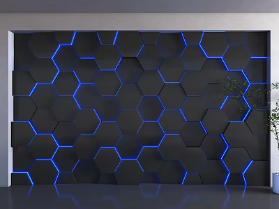 Modern Sofa Background Wall With Hexagonal Panels And Blue Lights 3d model