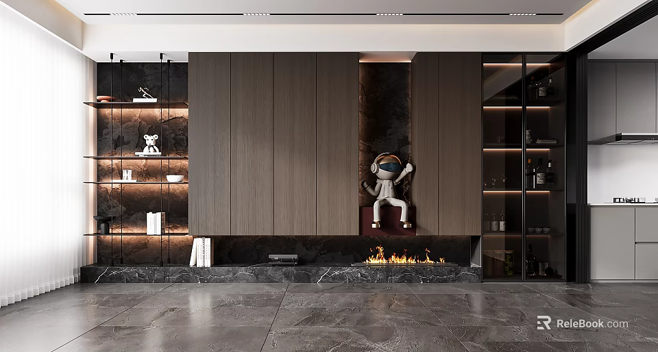 Modern Interior Display Cabinet With Wooden Wall Marble Fireplace And Astronaut Decoration 3d model 