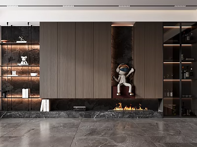 Modern Interior Display Cabinet With Wooden Wall Marble Fireplace And Astronaut Decoration 3d model