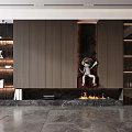 Modern Interior Display Cabinet With Wooden Wall Marble Fireplace And Astronaut Decoration