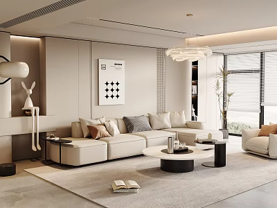 Modern Living Room Interior With Beige Sofa Throw Pillows Coffee Table And Floor Lamp 3d model