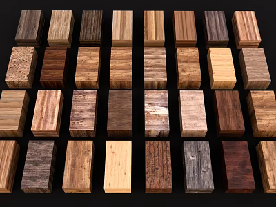 Various Wooden Block Pendants With Different Wood Grains Neatly Arranged For Home Decor 3d model