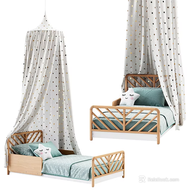 Cozy Wooden Kids Bed With Railing Design White Gold Polka Dot Canopy And Blue Pillows 3d model 