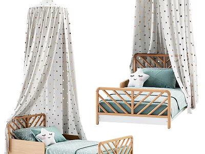 Cozy Wooden Kids Bed With Railing Design White Gold Polka Dot Canopy And Blue Pillows 3d model