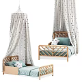 Cozy Wooden Kids Bed With Railing Design White Gold Polka Dot Canopy And Blue Pillows