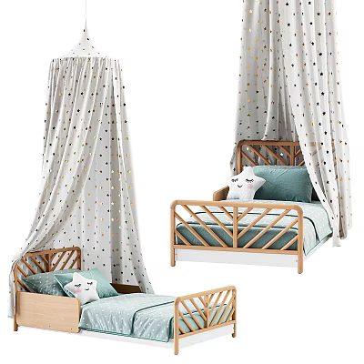 Cozy Wooden Kids Bed With Railing Design White Gold Polka Dot Canopy And Blue Pillows 3d model