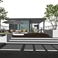 Modern Rooftop Garden With Wooden Deck White Umbrella Sofa Seating And Cactus Plants