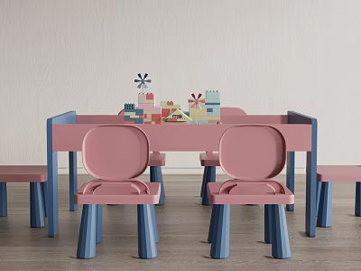 Pink Kids Table with Blue Leg Chairs and Colorful Toy Blocks for Children 3d model