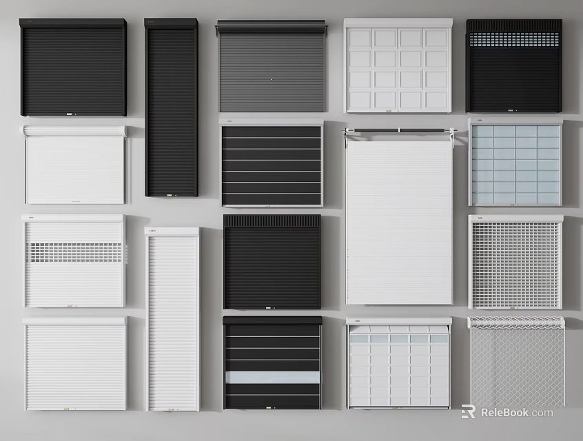 Various Modern Window Blinds With Black White Striped And Grid Patterns 3d model