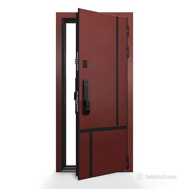 Dark Red Modern Swing Door with Black Lines and Transparent Glass Panel 3d model 